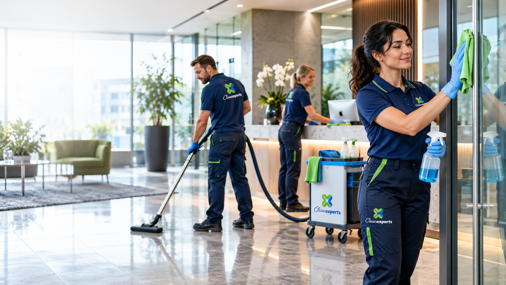 Illustration des Reinigungsteams von Clean experts bei der Innenreinigung eines modernen Bürogebäudes.